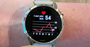 A Garmin watch showing resting heart rate